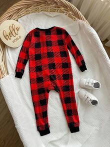 男婴可爱红色格子针织长袖连体衣 - 紅色 - 查看 2