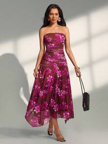 Almamuse Women's Elegant Beach Vacation Strapless Floral Print Dress - Mocha Brown - View 8