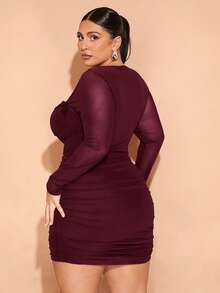 SHEIN BAE 大码秋冬优雅派对甜美性感女士棕色拼色蕾丝领口褶皱迷你连衣裙派对装万圣节派对圣诞派对感恩节女装秋季服装秋季女装节日连衣裙优雅连衣裙感恩节女装感恩节服装圣诞服装圣诞派对礼服感恩节礼服，毕业礼服 - 酒紅色 - 查看 2