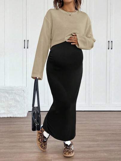 SHEIN Fall Clothes,Autumn Clothes,Maternity Autumn/Winter Clothes Maternity   Raglan Sleeve Top Paired With Solid Color Slim Fit Camisole Dress, Autumn Maternity 2 Pieces Set Maternity Clothes Fall Winter Modest Two Piece Set Two Piece Set Women Skirt Tall Skirt Slit Skirt Long Maternity Skirt Modest Skirt Two Piece Set Women Set Skirt Set Women Outfit Women Skirt Maternity Skirt