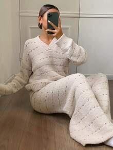 DAZY 女士条纹波点提花宽松睡衣套装，冬季舒适保暖秋季服装 - 米色 - 查看 9