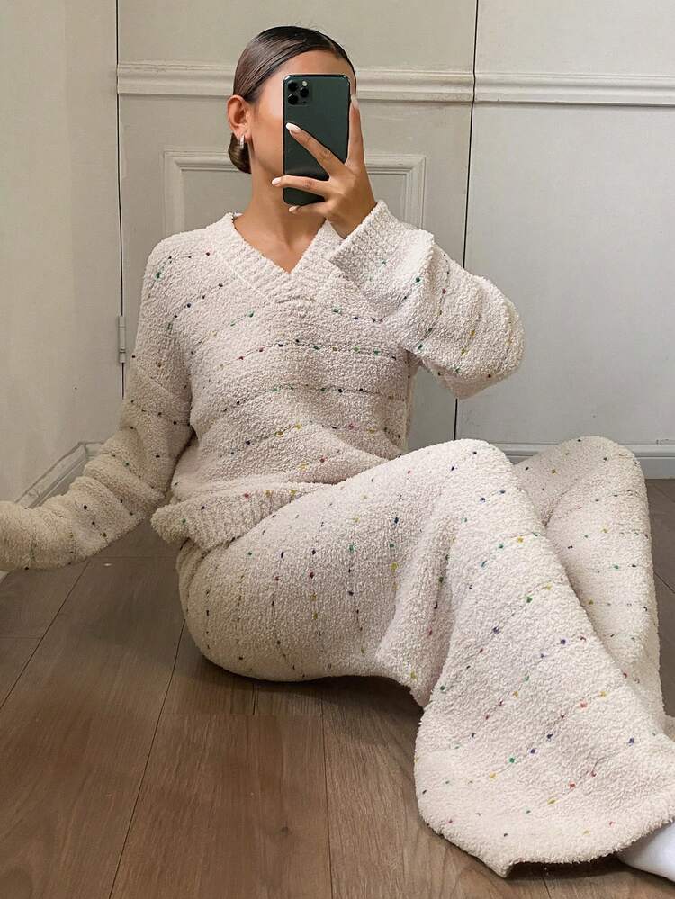 Women's Plush Striped & Polka Dot Jacquard Loose Fit Pajama Set, Winter, Cozy Outfit Fall Clothes