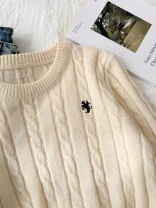 SHEIN Tween 女童休闲纯色圆领长袖麻花针织毛衣 女童短款针织上衣 短款毛衣 女童毛衣 女童针织上衣 秋冬女装 - 杏色 - 查看 5