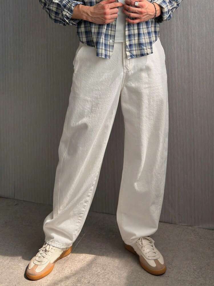 Men's Loose Fit Solid Color White Denim Jeans, Autumn