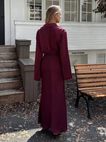 Elyressa 优雅迷人的领口喇叭袖缎面美人鱼连衣裙 - Bold Plum - 查看 2