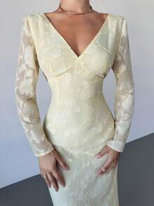 Firerie Váy dài tay họa tiết ôm sát, cổ chữ V hở lưng, buộc chéo, thanh lịch, lãng mạn và gợi cảm dành cho nữ, thích hợp cho các buổi hẹn hò, tiệc tùng, dạ hội, hàng mới về, màu vàng - Màu vàng - Xem 9