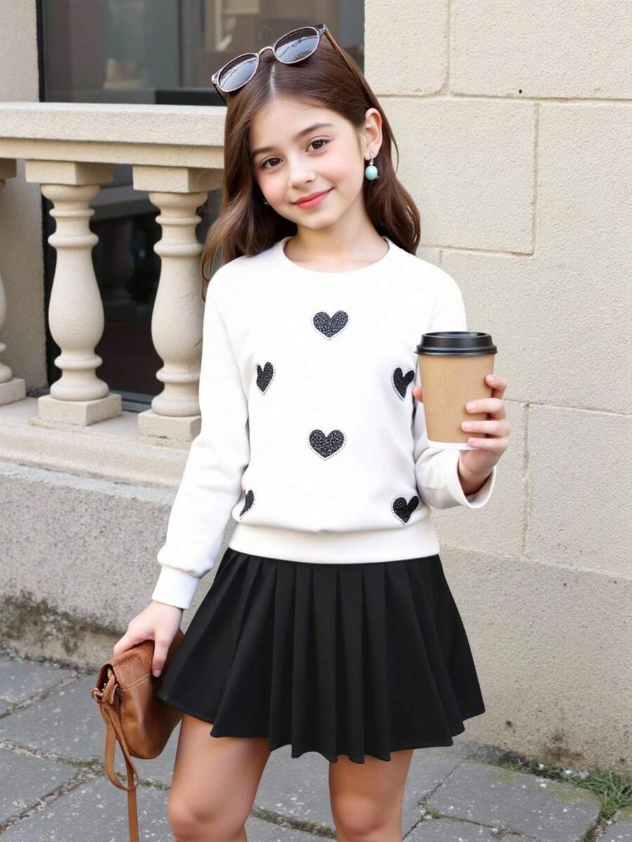 2 chiếc áo nỉ chui đầu trang trí hình trái tim lấp lánh cho bé gái tuổi mới lớn kèm chân váy ngắn xếp ly màu xám, trang phục thường ngày cho mùa thu/đông - Nhiều màu - Xem 1