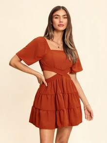 Coeurva Vacation Square Neck Hollow Out Ruffle Hem Casual Dress For Summer - Rust Brown - View 5