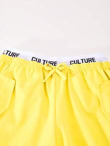 SHEIN ChillGRL 2 peças/Conjunto Top com Estampa de Estrela e Cordão Lateral para Meninas Pré-Adolescentes Combinada com Calça Cargo com Bolso Colorblock na Cintura, Estilo de Rua Casual, Primavera/Verão - Amarelo - Visão 4