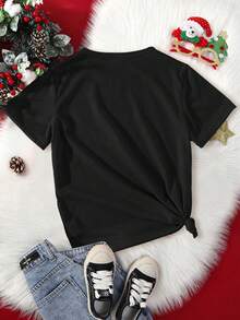 SHEIN T-shirt nera a maniche corte con stampa grafica di Babbo Natale e omini di pan di zenzero, adatta per ragazze, ideale per feste e raduni natalizi - nero - Visualizzare 2