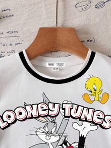 LOONEY TUNES X SHEIN 男童夏季休闲运动卡通字母图案条纹袖T恤 - 白色 - 查看 6