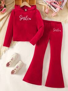 2pcs Tween Girls Casual Loose Comfortable Soft Letter Embroidered Hoodie Top And Flare Pants Set - Red - View 6