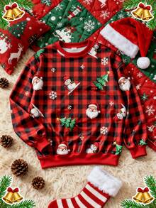 SHEIN EZwear Áo nỉ cổ tròn họa tiết kẻ caro Giáng sinh tối giản, thường ngày dành cho nữ, hình ông già Noel, cây thông Noel, người tuyết, thích hợp cho ngày lễ, mùa thu/đông - Nhiều màu - Xem 3
