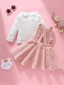SHEIN 2件套女宝宝甜美可爱秋冬新款，粉色和黑色爱心印花彼得潘领长袖上衣+可调节肩带毛绒兔子图案粉色套头连衣裙 - 粉色 - 查看 3