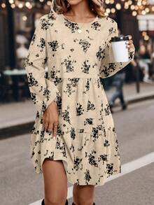 SHEIN LUNE 女式梭织休闲度假印花秋季连衣裙 - 杏色 - 查看 5