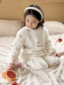 SHEIN 年轻女孩休闲碎花毛绒长袖上衣和裤子套装 - 白色 - 查看 3