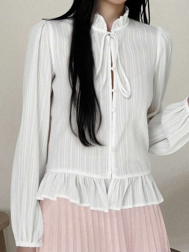 Women's Puff Sleeve Ruffle Tie Front Long Sleeve Shirt, Single-Breasted Solid Color Blouse