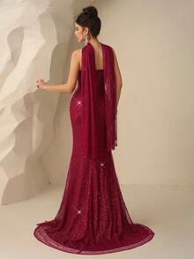 Coutiva 秋冬优雅亮片抹胸性感露背下摆扭褶修身鱼尾裙，适合音乐节、生日派对、情人节、圣诞节、婚礼宾客礼服、半正式礼服、毕业典礼 - 酒紅色 - 查看 10