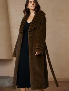 Aveloria Rosie Fashionable Versatile Waist Belt Slim Fit Lapel Long Minimalist Knee-Length Elegant Faux Fur Coat - Brown - View 5