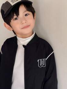 SHEIN Little Byeori Young Boy Casual Letter Embroidered Front Zip Baseball Jacket - Black - View 7