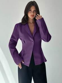 Firerie 女士休闲亚麻收腰长袖翻领薄款西装外套，杏色，秋冬 - 紫色 - 查看 4