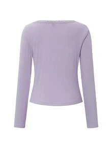 Almamuse 女式甜美蕾丝边长袖 T 恤，修身款三扣休闲白色 T 恤上衣夏季 - 淡紫色 - 查看 6