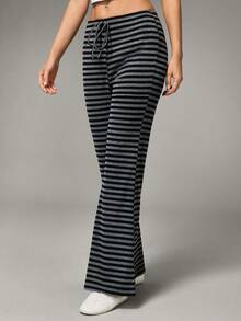 Hanevo Women's Autumn/Winter Casual Sports Yoga Gray & Black Striped Knit Elastic Flare Pants - Dark Grey - View 5