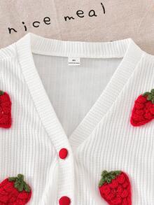 SHEIN Tween Girls Fall Outfits Fall Tops 2pcs/Set Vintage Sweet Strawberry Embroidered V-Neck Loose Knit Cardigan + Loose Straight Leg Stra... - Multicolor - View 3