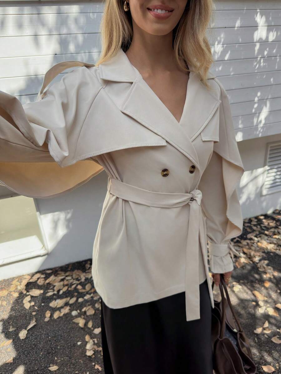 Elyressa A Lady Weaves An Elegant And Casual Autumn Trench Coat - Apricot - View 1