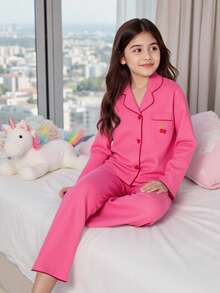 SHEIN 女童睡衣 2 件/套，简约可爱珊瑚粉樱桃刺绣长裤和长袖，舒适宽松睡衣，适合大女孩 - 玫紅色 - 查看 3