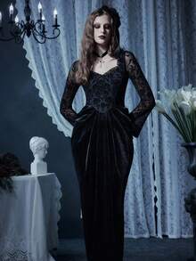 Glisette Lace Long Sleeve Waist Cinched Elegant Women Long Dress