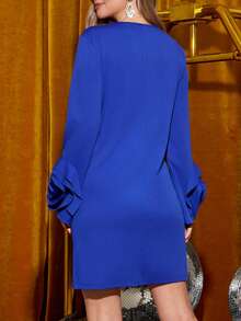 Amorya 女士优雅圆领百搭高端手工刺绣 H 型迷你连衣裙，适合圣诞派对、家庭聚会和多种场合，秋季 - 藏蓝色 - 查看 4