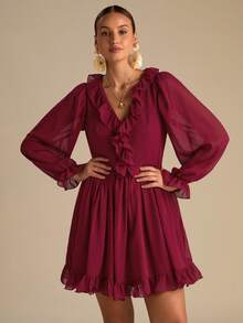 Enchnt Sukienka damska w jednolitym kolorze z falbaniastym kołnierzykiem i długim rękawem - Burgund - Zobacz 5