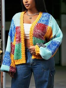 Slaydiva Plus Size Women's Contrast Color Block Chunky Knit Cardigan,Yellow Autumn Everyday Smart Casual Drop Shoulder Loose Crochet Knitted Cardigan For Fall - Multicolor - View 4