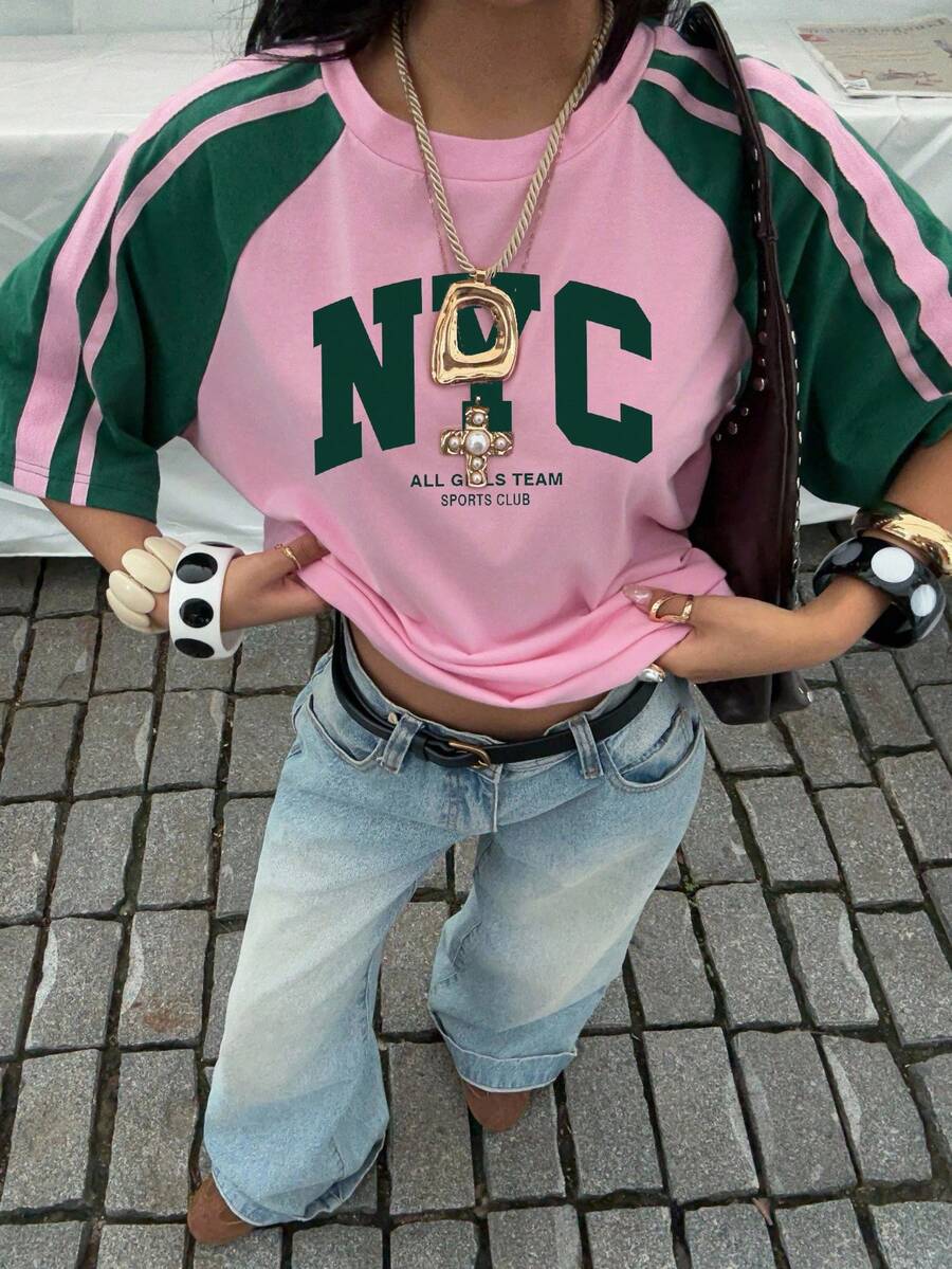 Muchica Women's Casual Letter Print Round Neck Raglan Sleeve T-Shirt - Multicolor - View 1