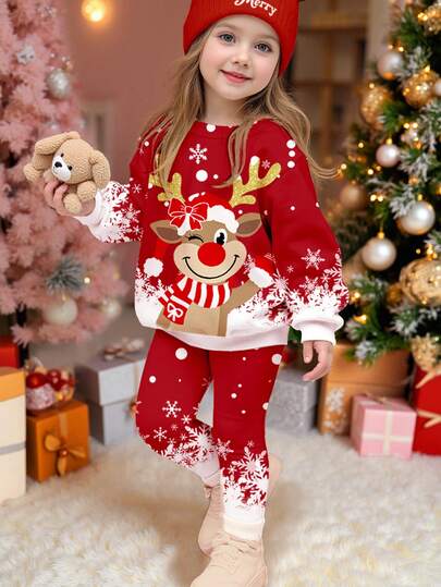 SHEIN 2pcs Young Girl's Christmas Angora Red Snowflake, Bow & Deer Print Thick Soft Comfortable Long Sleeve Sweatshirt And Leggings Set, Suitable For Autumn/Winter Daily Wear, Christmas Party, Street Style, Home