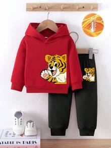 SHEIN Set de 2 piezas de ropa para bebé niño, sudadera con capucha de felpa con estampado de tigre de moda y lindo, y pantalón de chándal de felpa, adecuado para salidas en otoño/invierno - Multicolor - Ver 3