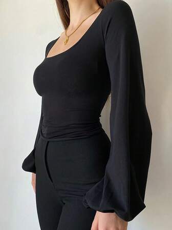 Cévolie Plusstorlek Dam Fyrkantig Halsringning Lanternärm Sexig Figurnära Långärmad T-shirt