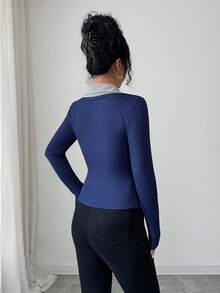 Rafferiza Women's Elegant Contrasting Neckline Splicing Tight Elastic Casual Versatile Fashion Design Long-Sleeved Autumn Fake Two-Piece T-Shirt Ladies Casual T-Shirt Tops Ladies Going Out Tops Bottoming Pullover T-Shirt