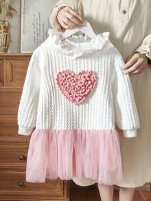 Vintaside Kids 1pc Lace Trim Hooded Textured Fabric Mesh Patchwork Young Girls Dress - White - View 1