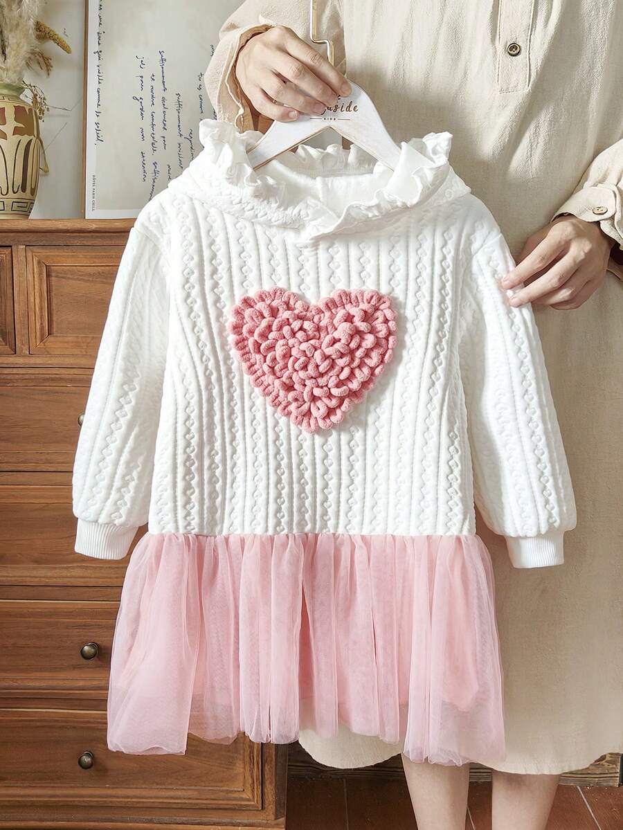 Vintaside Kids 1pc Lace Trim Hooded Textured Fabric Mesh Patchwork Young Girls Dress - White - View 1