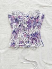 Soleia 性感露肩蕾丝双层合身束腰上衣，花卉刺绣镂空浪漫甜美粉色上衣，女士夜店装