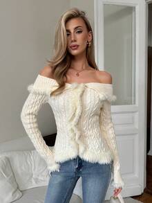 SHEIN Elenzya 女士时尚优雅露肩貂皮拼布毛衣 - 杏色 - 查看 5