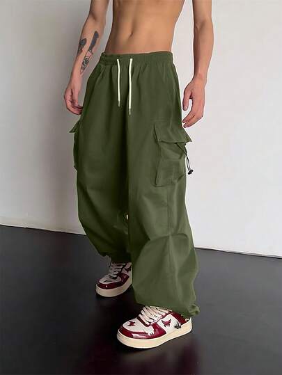 Street Life Pantalones casuales sueltos con bolsillos cargo y cintura con cordón para hombres