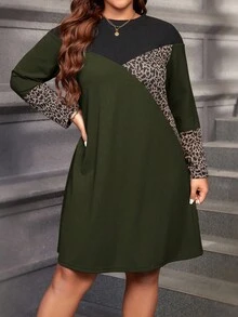 EMERY ROSE Plus Size Casual Patchwork Leopard Print Knit Dress,Autumn Dark Green Long Sleeve Everyday Smart Casual Women Olive Cheetah Print Fall Dresses - Dark Green - View 5