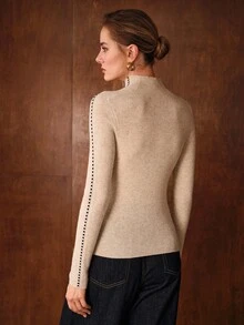 MOTF PREMIUM 100% KNITTED FUNNEL NECK CONTRAST COLOR DECORATION SLIM FIT SWEATER, AUTUMN/WINTER - Camel - View 8