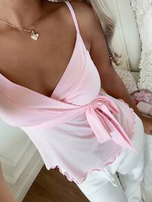 CovetEZ Women's Autumn/Winter New Arrival - Sweet And Casual Pink Clean Girl Style Casual Women's Side Tie-Up Knot Ruffle Camisole Top - Pink - View 4