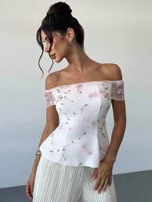 Firerie Women's Elegant Romantic Delicate New Fashion Vacation Date Off Shoulder Floral Embroidery Mesh Cinched Waist X-Shaped Pink Blouse Top - Pink - View 7