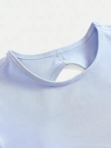 SHEIN 青少年女孩纯色露背长袖 T 恤和紧身裤运动套装，适合日常、户外、休闲运动 - 淺藍色 - 查看 4