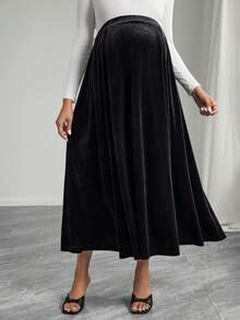 Momance 纯色天鹅绒裙，优雅孕妇休闲裙 - 黑色 - 查看 6